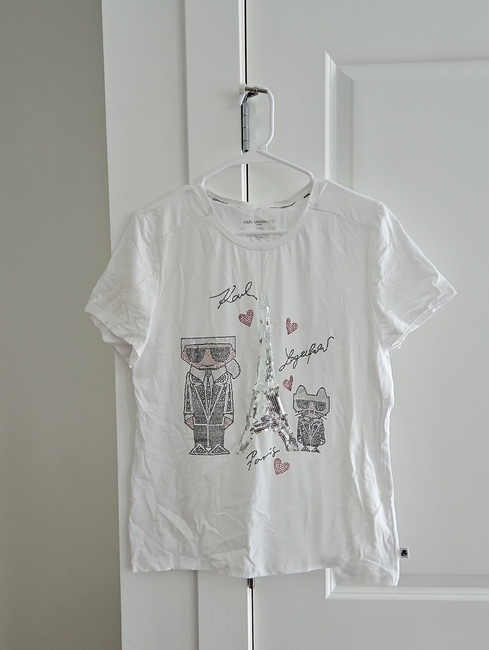 Karl Lagerfeld Kids White Tee with Silver Eiffel Tower and Pink Hearts